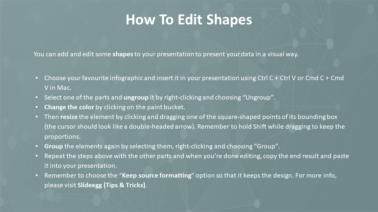 Step by step guide on editing shapes in PowerPoint, including grouping, ungrouping, resizing, and changing colors.
