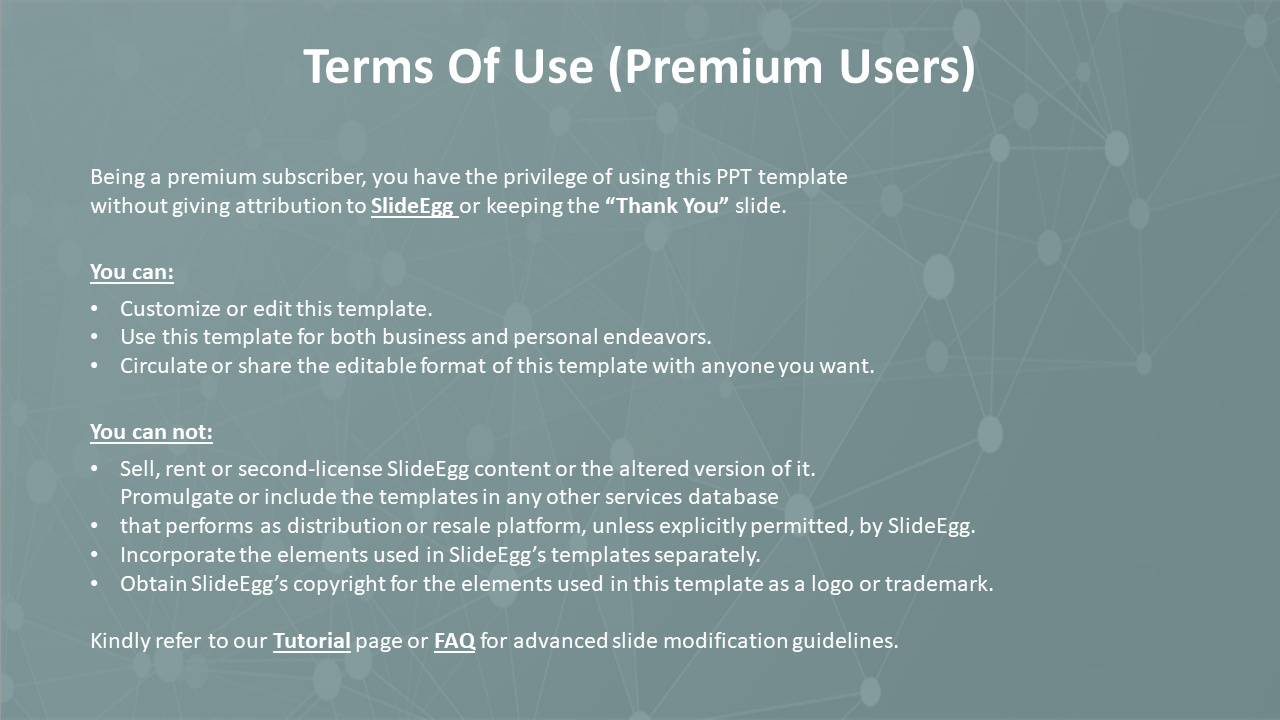 Terms of use for premium SlideEgg users, detailing the benefits like editing, sharing, and using the template.