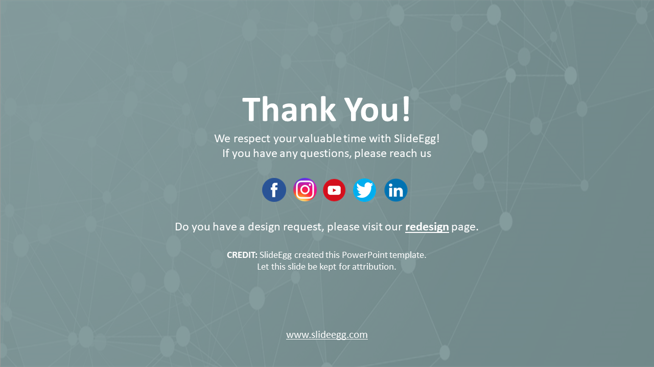 Slide with a thank you message, along with contact information, social media links, and a redesign request option.