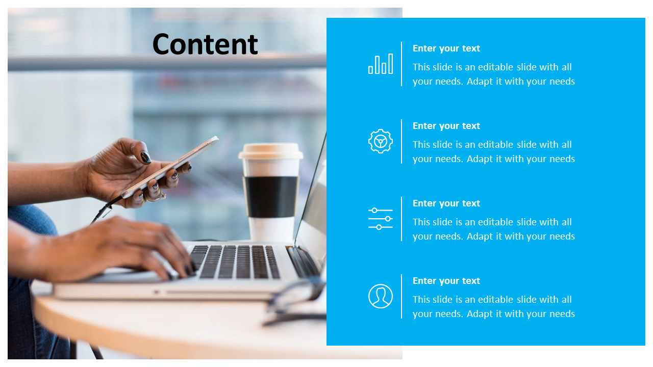 Content slide featuring a blurred office background with a person typing on a laptop and holding a smartphone.
