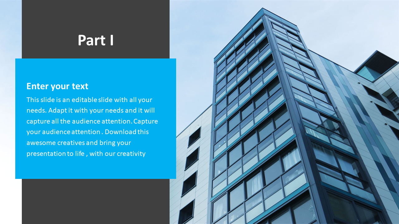 Slide with a business theme, displaying a tall building's exterior with large glass windows and space for text on the left.