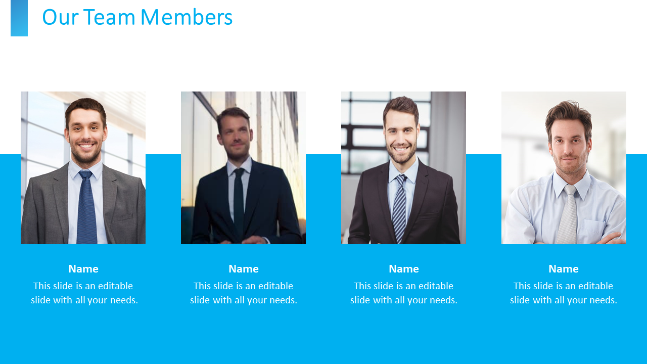 Four professional men dressed in business suits standing in different office settings with text placeholders on a blue theme.