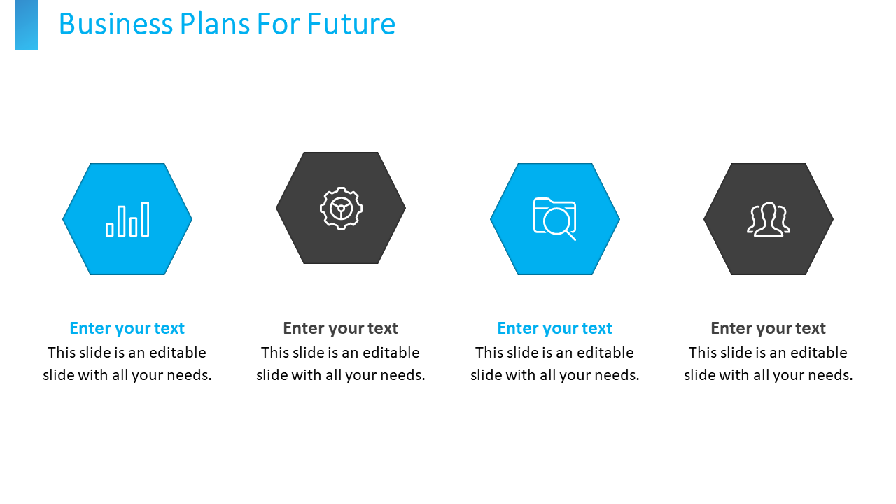 Four blue and black hexagonal icons representing business concepts with text placeholders on a white backdrop.