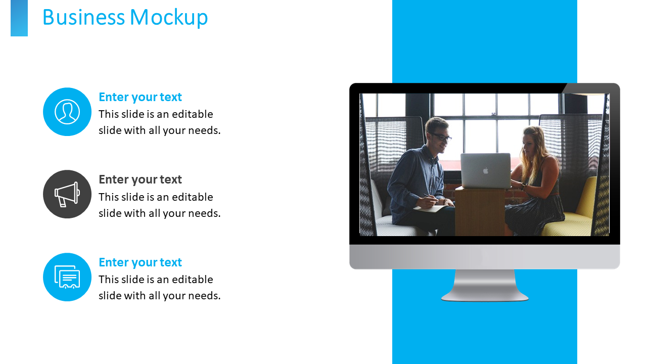 Two professionals having a business discussion, displayed on a computer screen with icons beside the image with colors.