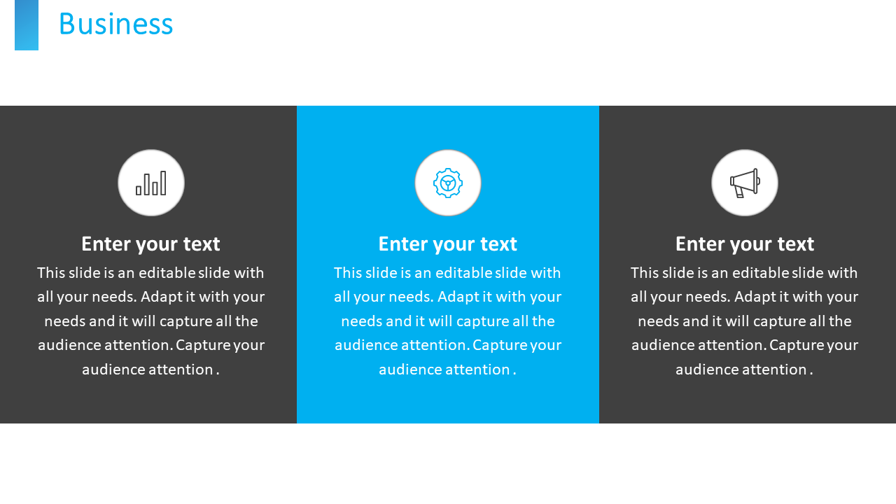 A slide with three icons for business concepts a graph, a gear, and a megaphone, each with a placeholder for custom text.