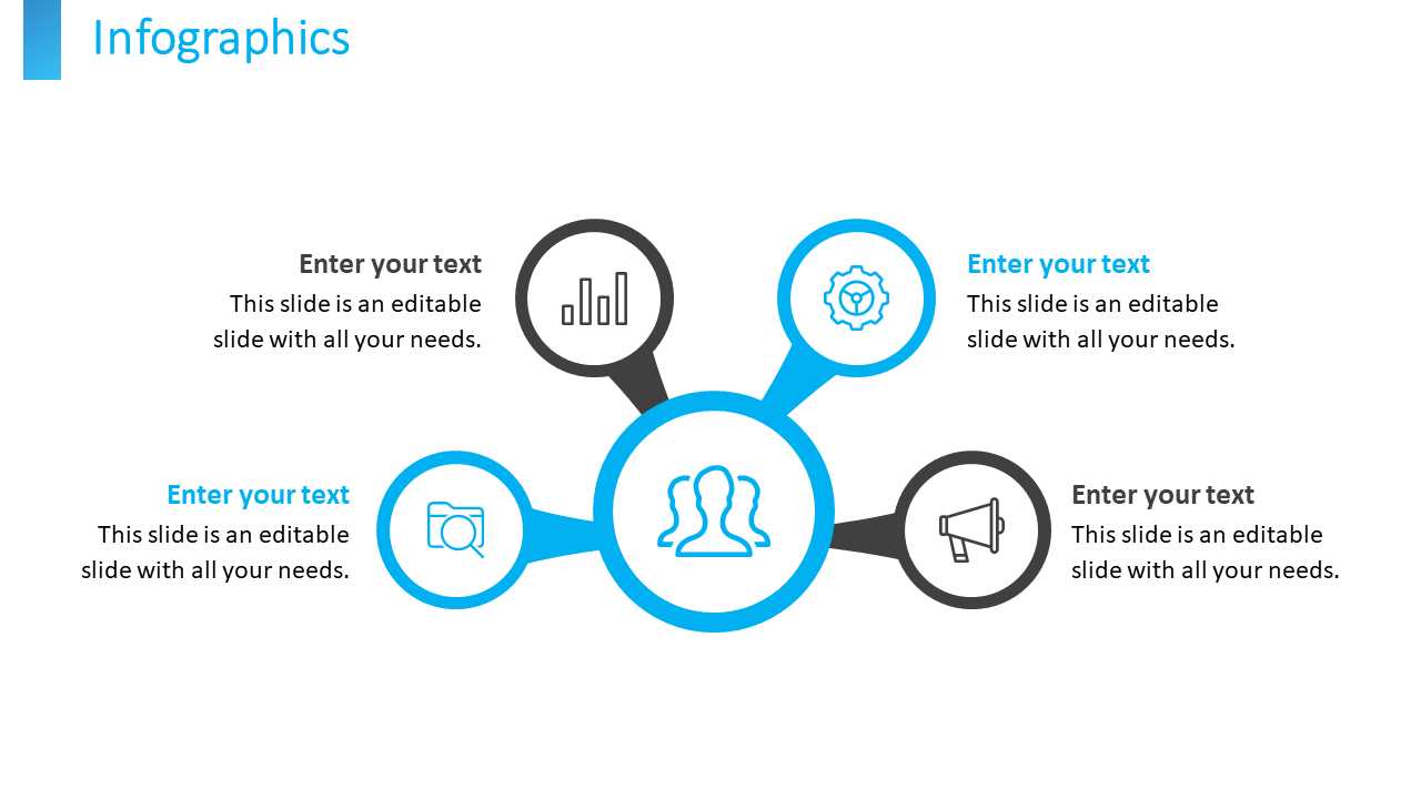 Business infographic slide with 5 icons representing data analysis, settings, team collaboration and communication with text.