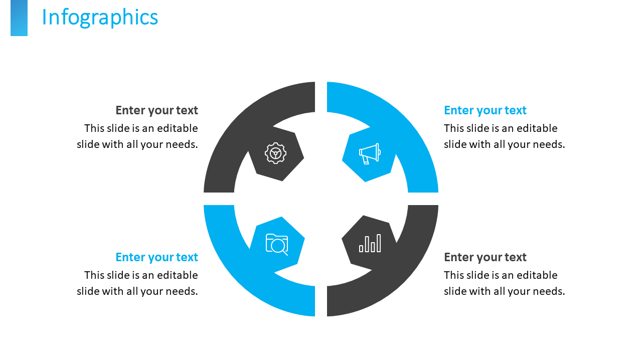 A blue and black circular infographic with four icons representing settings, communication, search, and analytics with text.