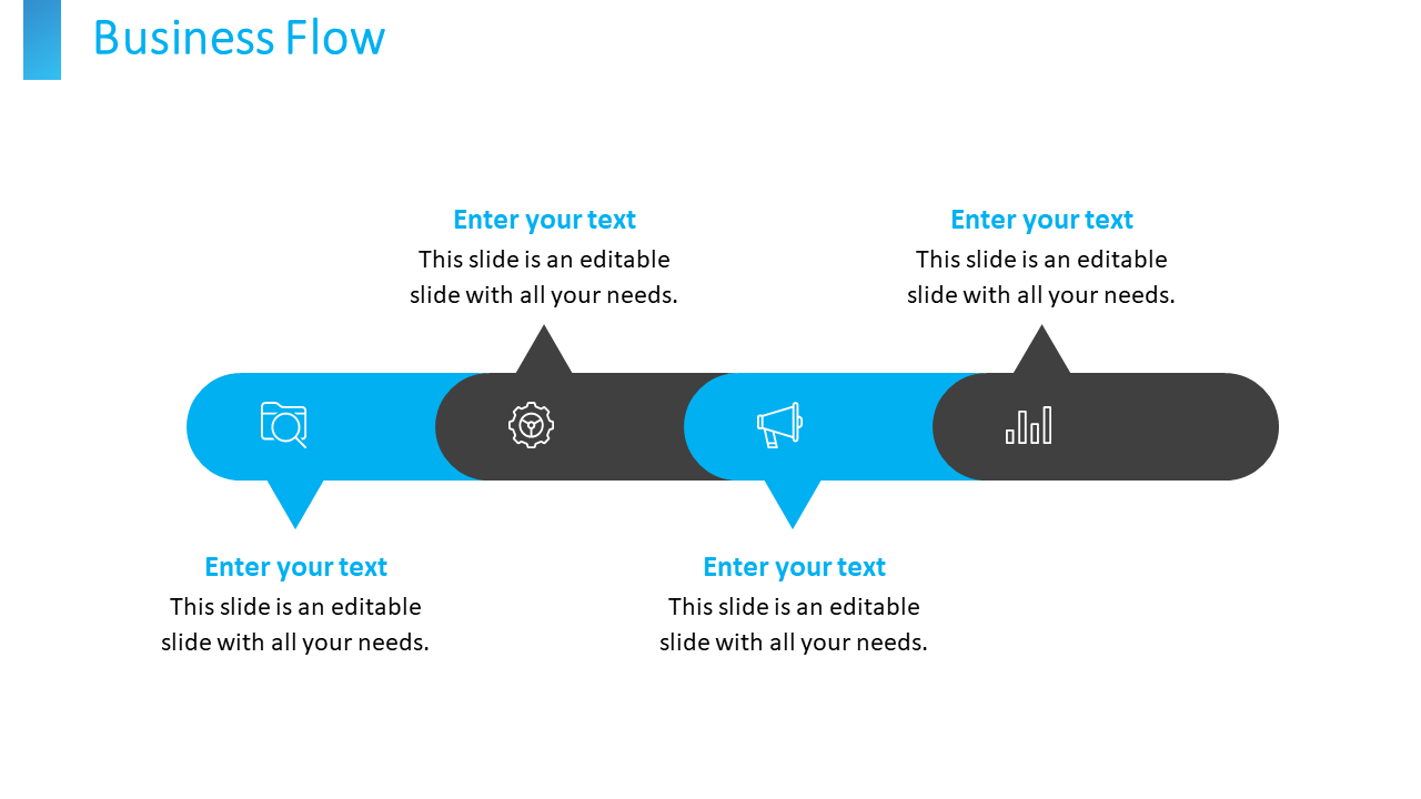 Business flow slide featuring four color coded icons representing search, settings, communication, and analytics, with text.