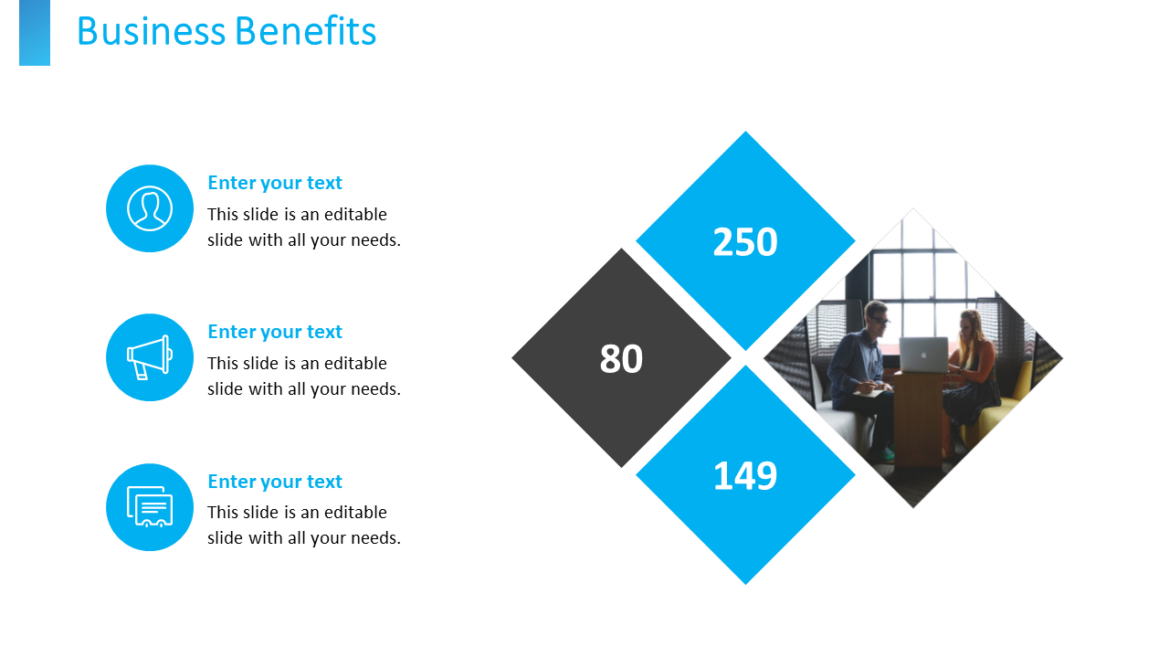 A business benefits slide with three blue icons and a diamond shaped chart displaying numbers on a white backdrop.