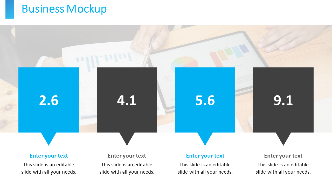 A business mockup slide featuring four color coded numbered data points with corresponding text fields.