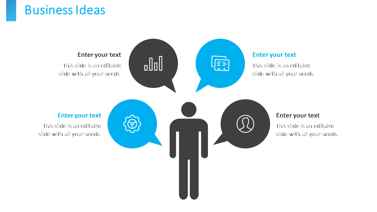 A business ideas slide featuring a central figure surrounded by four blue and black speech bubbles with icons on white theme.