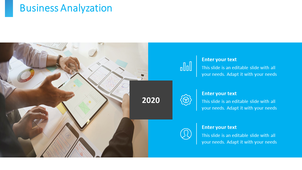 Slide featuring a business analysis with hand gestures pointing to a tablet surrounded by charts and documents in blue theme.