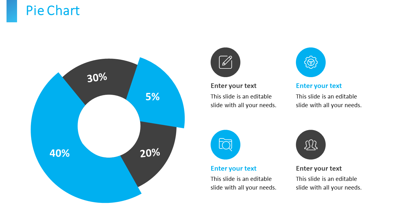 A blue and black pie chart showing data distribution with text areas and icons on a white backdrop.