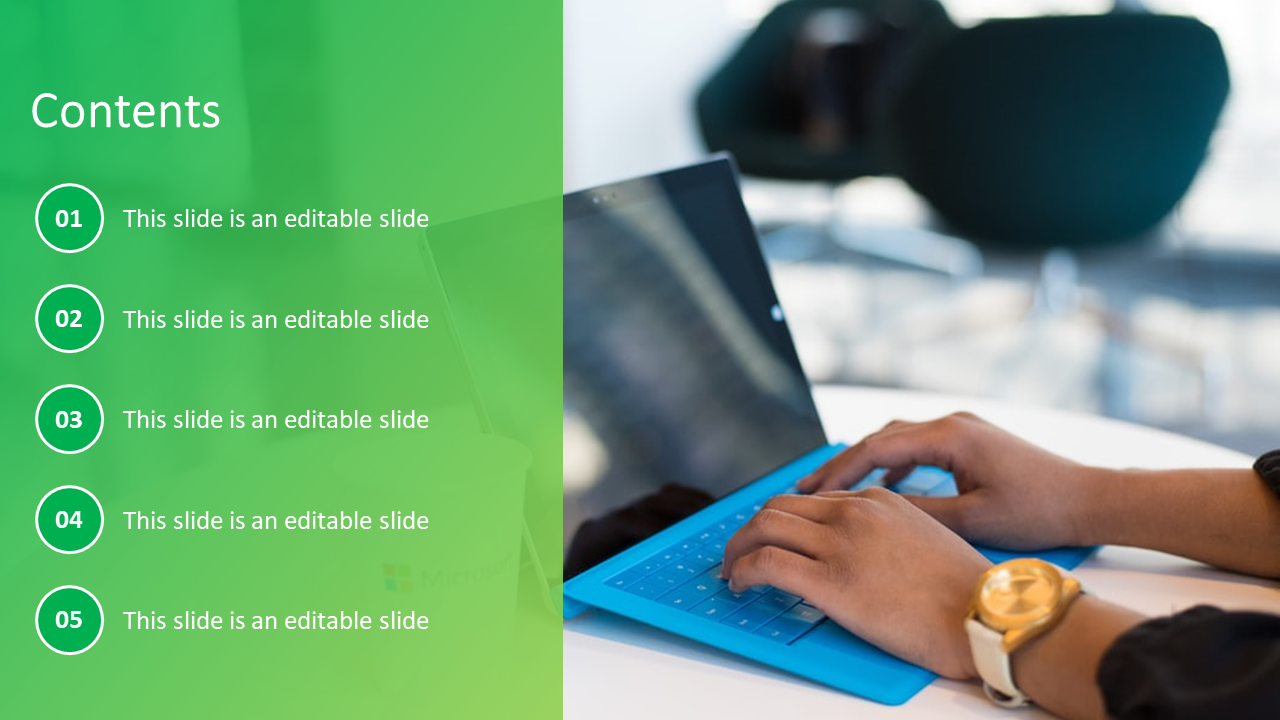Contents slide with a green background and numbered list, showing five placeholder text and a person typing on a laptop.