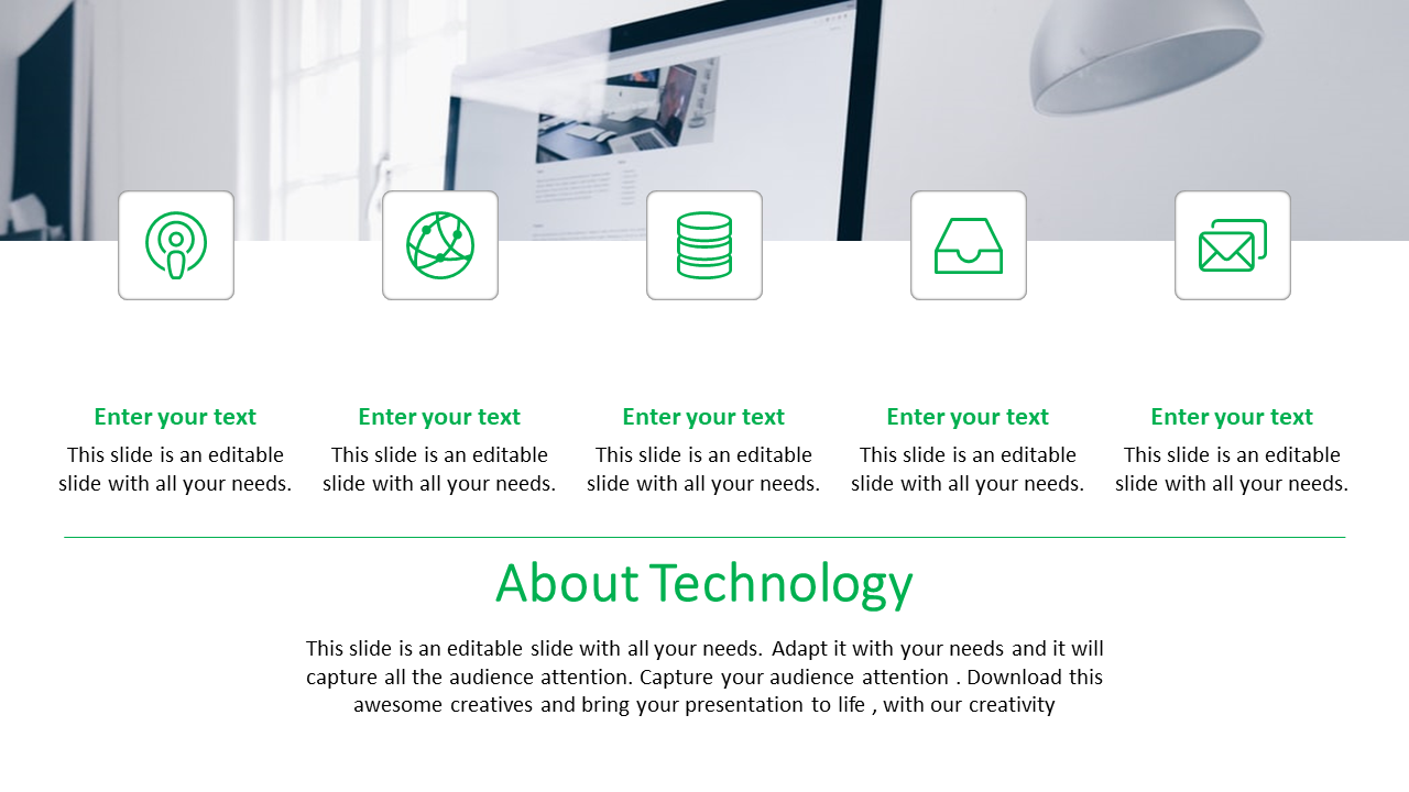 Slide about technology, featuring green icons for audio, network, database, file, and email, with a modern office background.