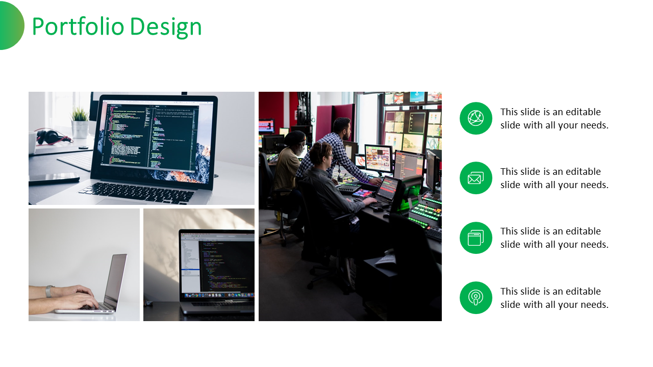 Portfolio Design slide with four green icons and images of laptops, coding, and people working in a tech environment.