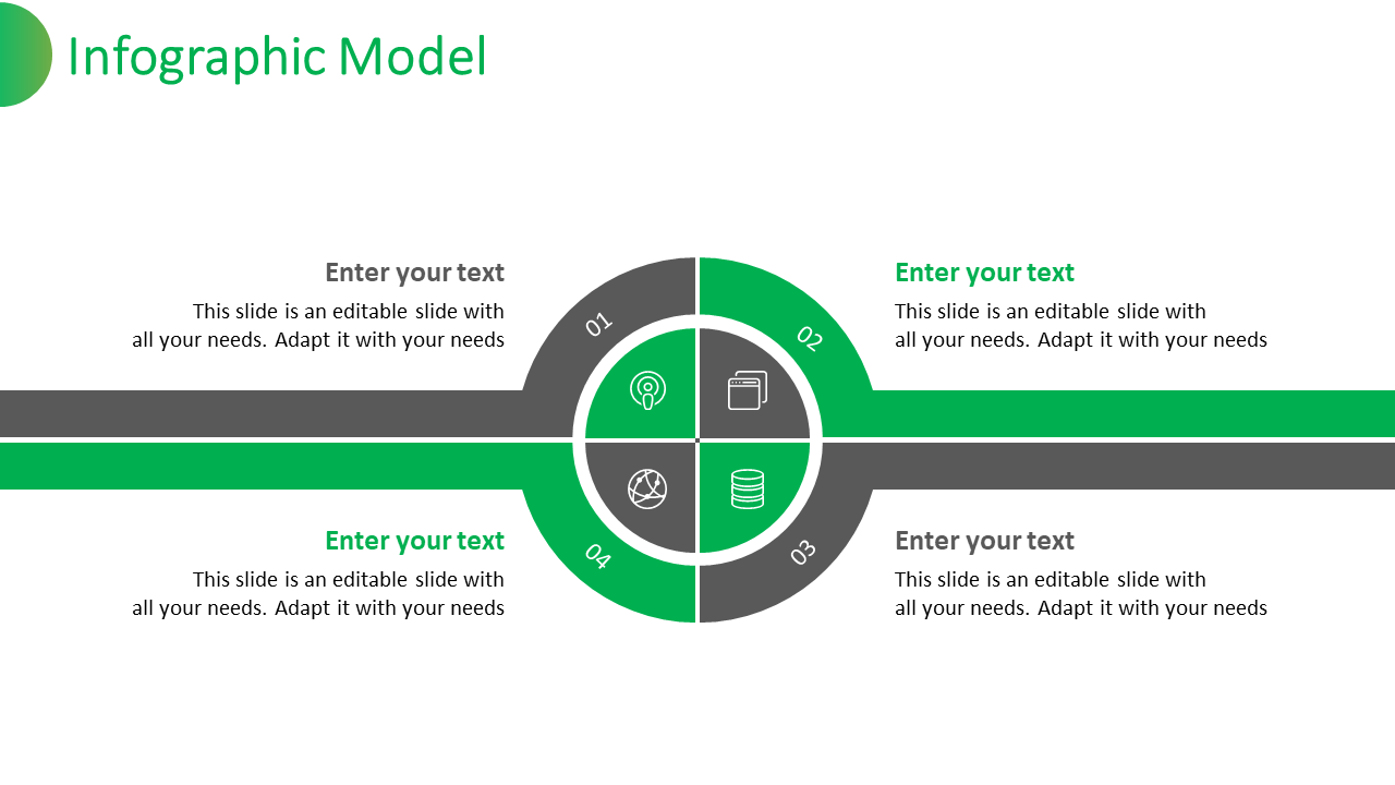 Infographic Model slide with four sections and color coded icons for ideas, database, networking, and file, each with text.