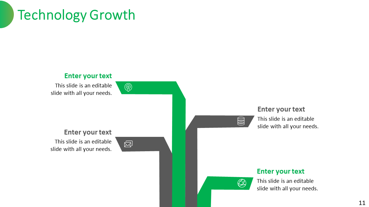 Technology Growth slide with four green and gray sections representing different stages or categories, featuring icons.