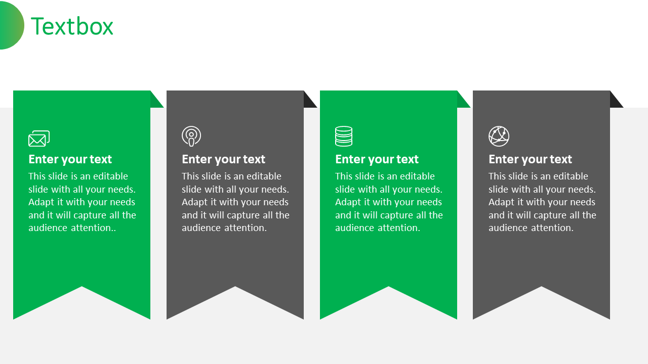 PowerPoint slide with four rectangular sections for text, each with an icon for email, lightbulb, database, and network.