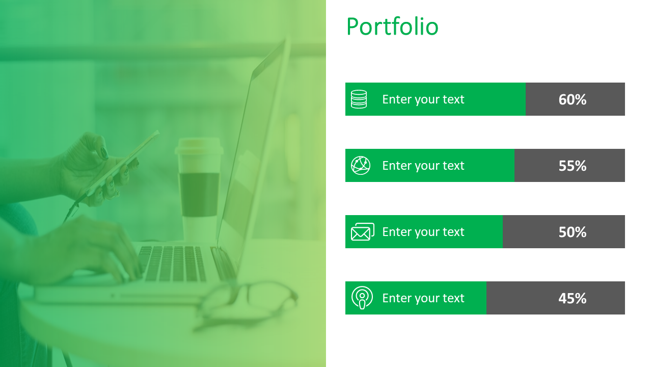 Portfolio slide with four progress bars indicating percentages accompanied by icons with a person using a laptop.