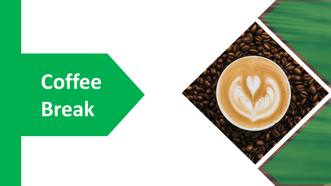 Coffee Break slide with an arrow and text on the left, and a cup with latte art surrounded by coffee beans in a green theme.