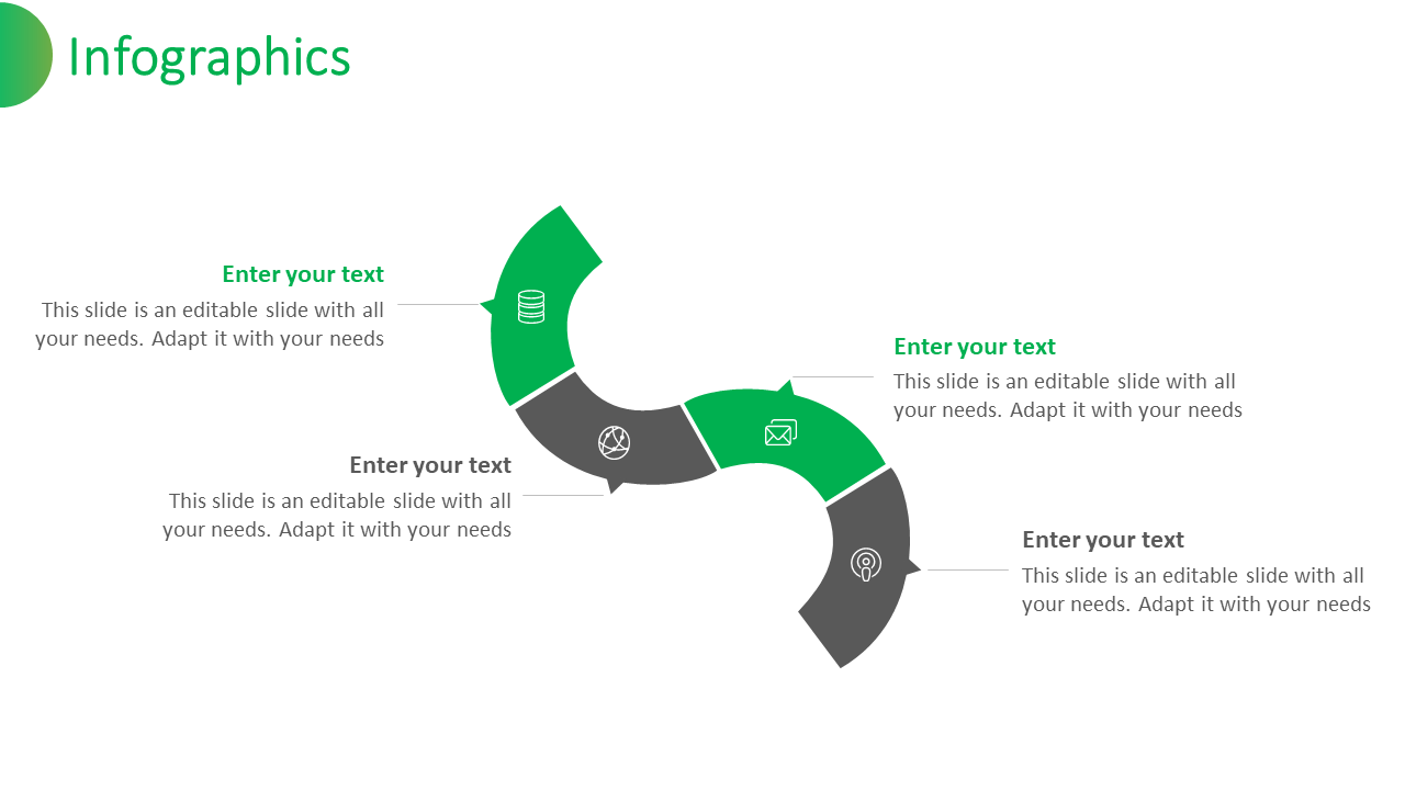Infographics slide with a green and gray curved design, featuring four sections with icons each with placeholder text.