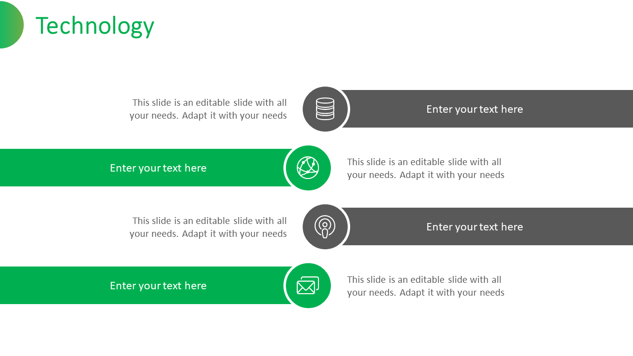 Technology slide with four sections, each containing a green and gray icon for database, network, ideas, and email with text.