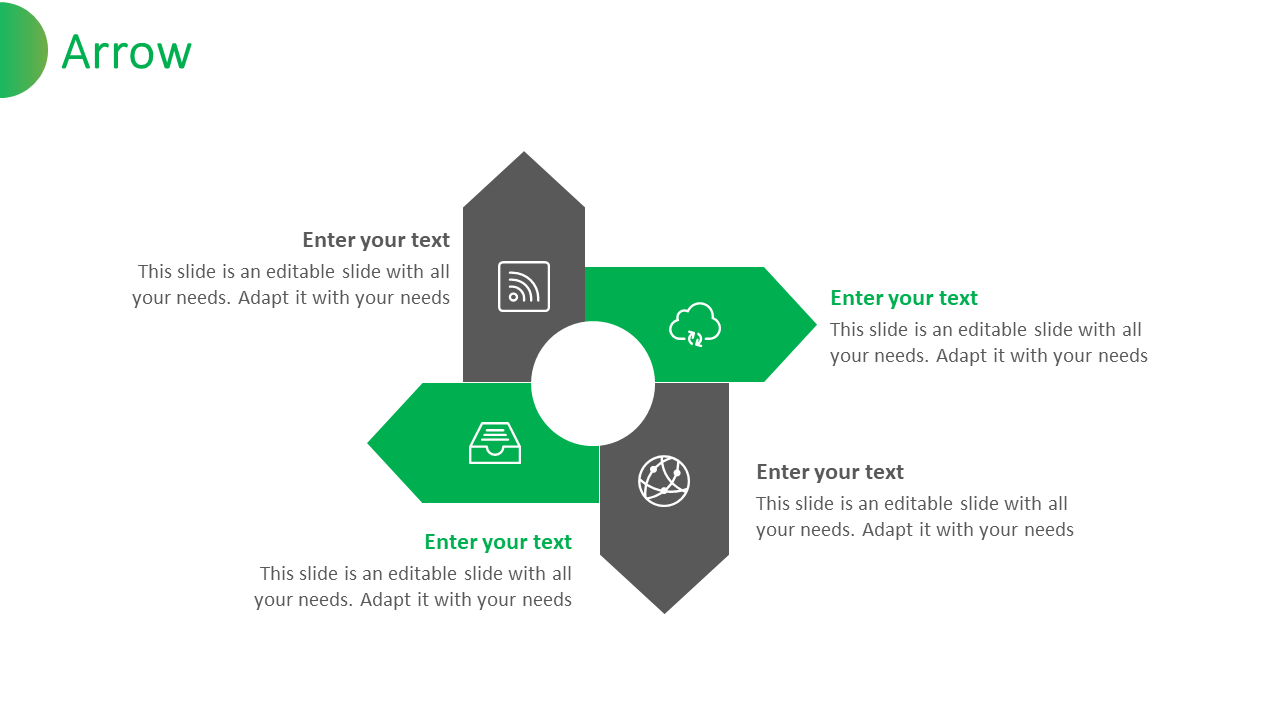 Arrow slide with four directional green and gray arrows, each representing different icons for technology concepts with text.