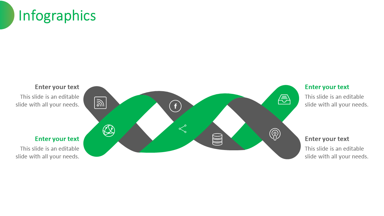 Infographics slide featuring intertwining green and grey ribbons with icons and placeholder text on a white backdrop.