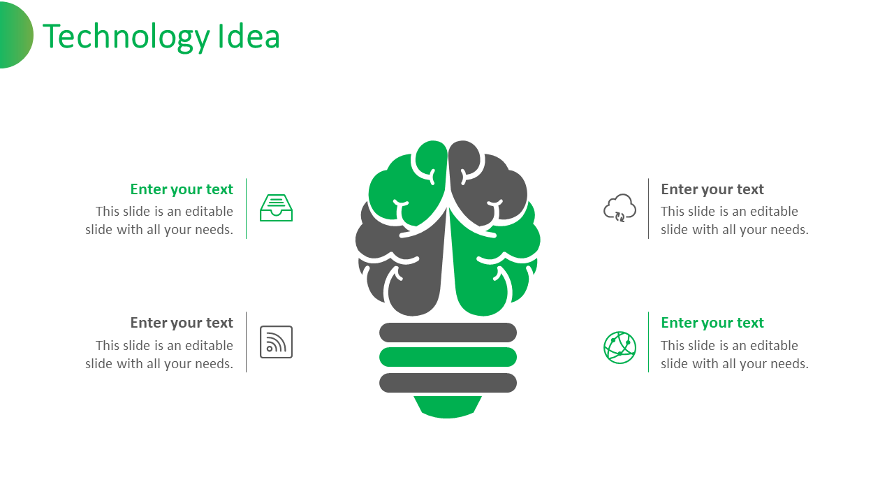 Technology Idea slide with a green and gray lightbulb and brain icon in the center, with 4 surrounding sections for text.