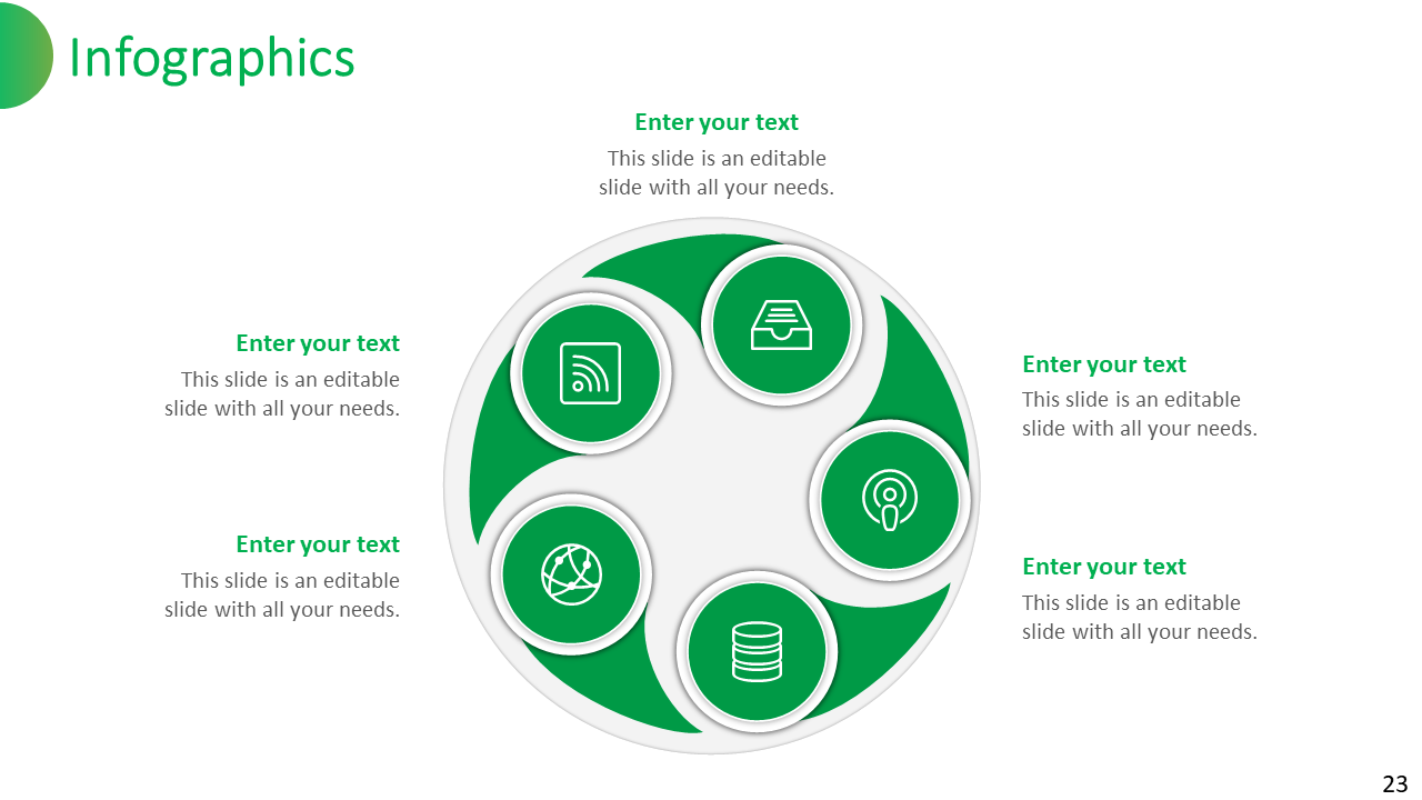 Infographics slide with a green circular design, featuring five sections for text, each with an icon on a white backdrop.