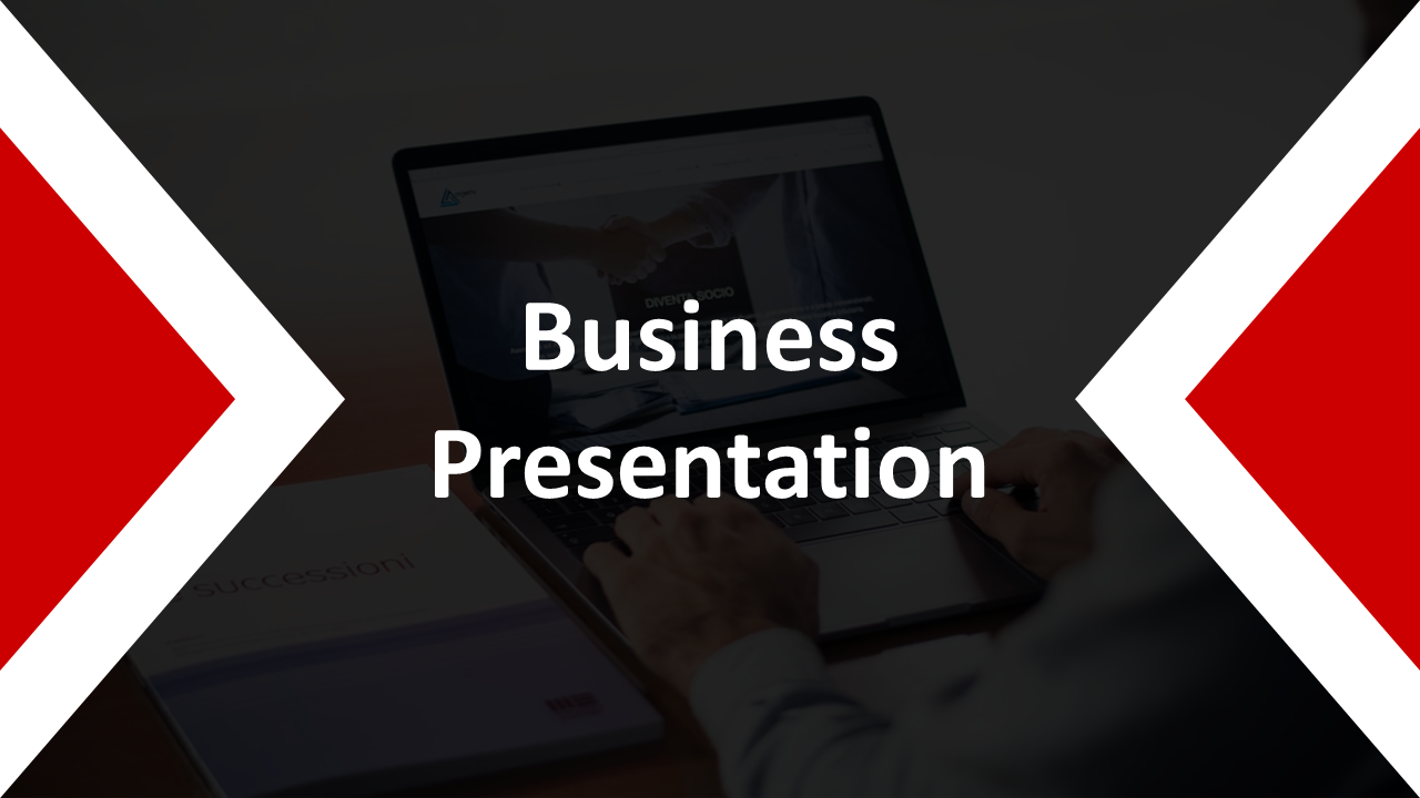 Business presentation slide with a laptop showing a handshake image, framed by red triangular shapes.