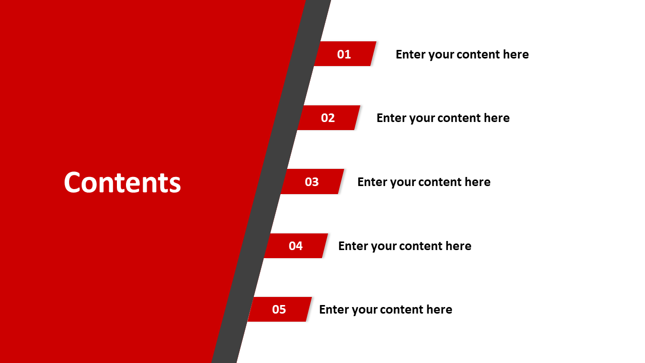 Contents slide with a vertical strip and five red bordered numbered items on a white theme.