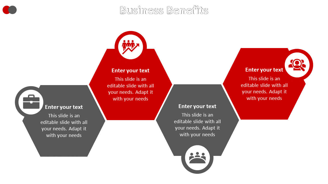 Business benefits slide with four gray and red hexagonal sections, featuring icons with placeholder text on a white theme.
