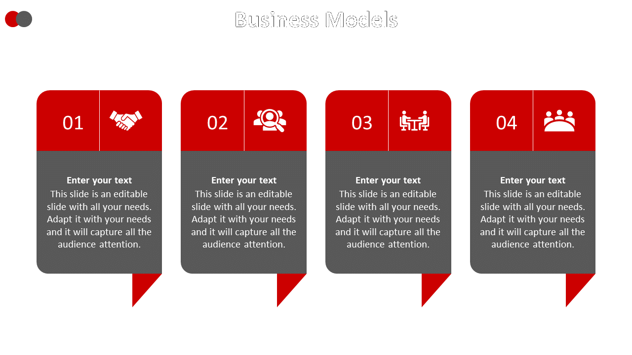 Business models slide featuring four red and gray speech bubbles with numbered points and icons on a white backdrop.
