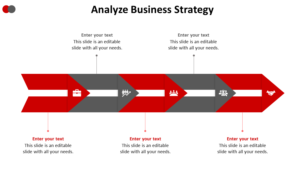 Business strategy slide with 5 red and gray arrows a briefcase, teamwork growth, group, and handshake icons, each with text.
