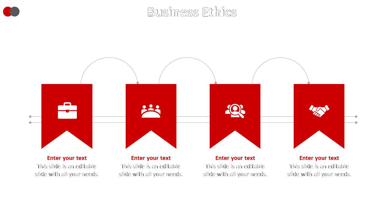 Business ethics slide with 4 red banner icons with business tools, teamwork, analysis, and partnerships, connected by lines.