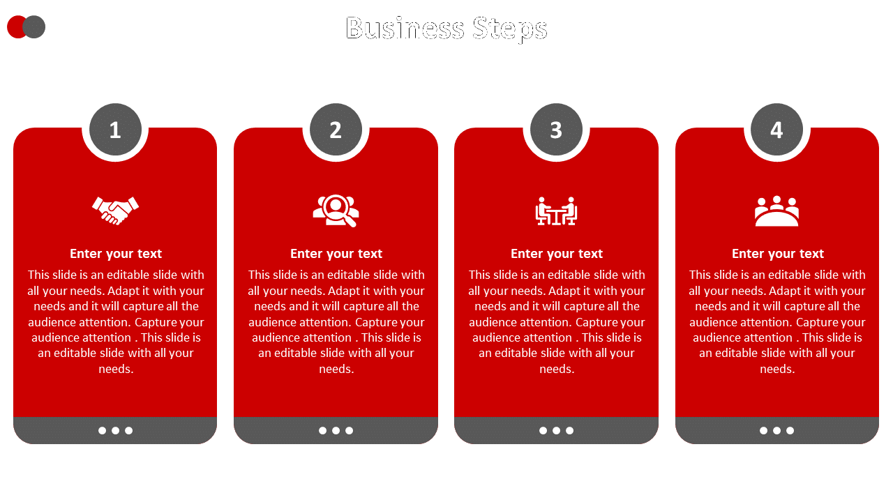 Red themed slide illustrating four steps in a business process, each with an icon and numbered sequence on a white backdrop.