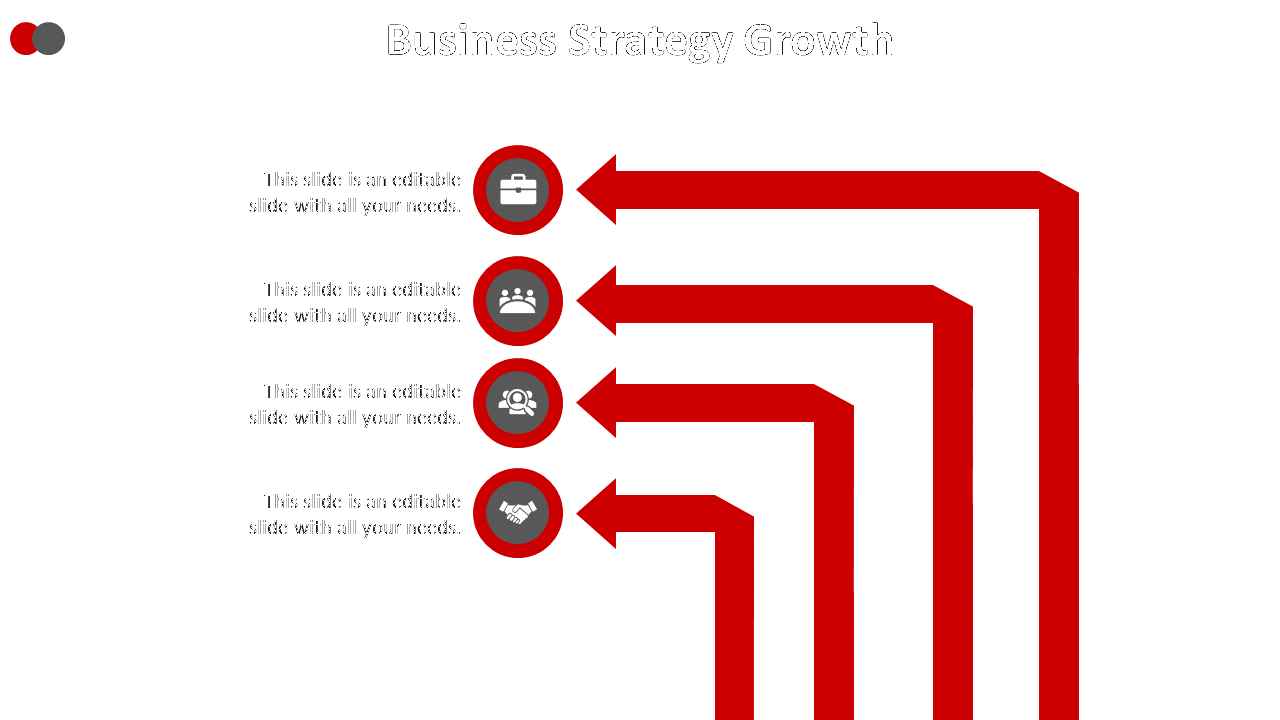Business strategy growth slide with four red directional arrows, each representing different business aspects.