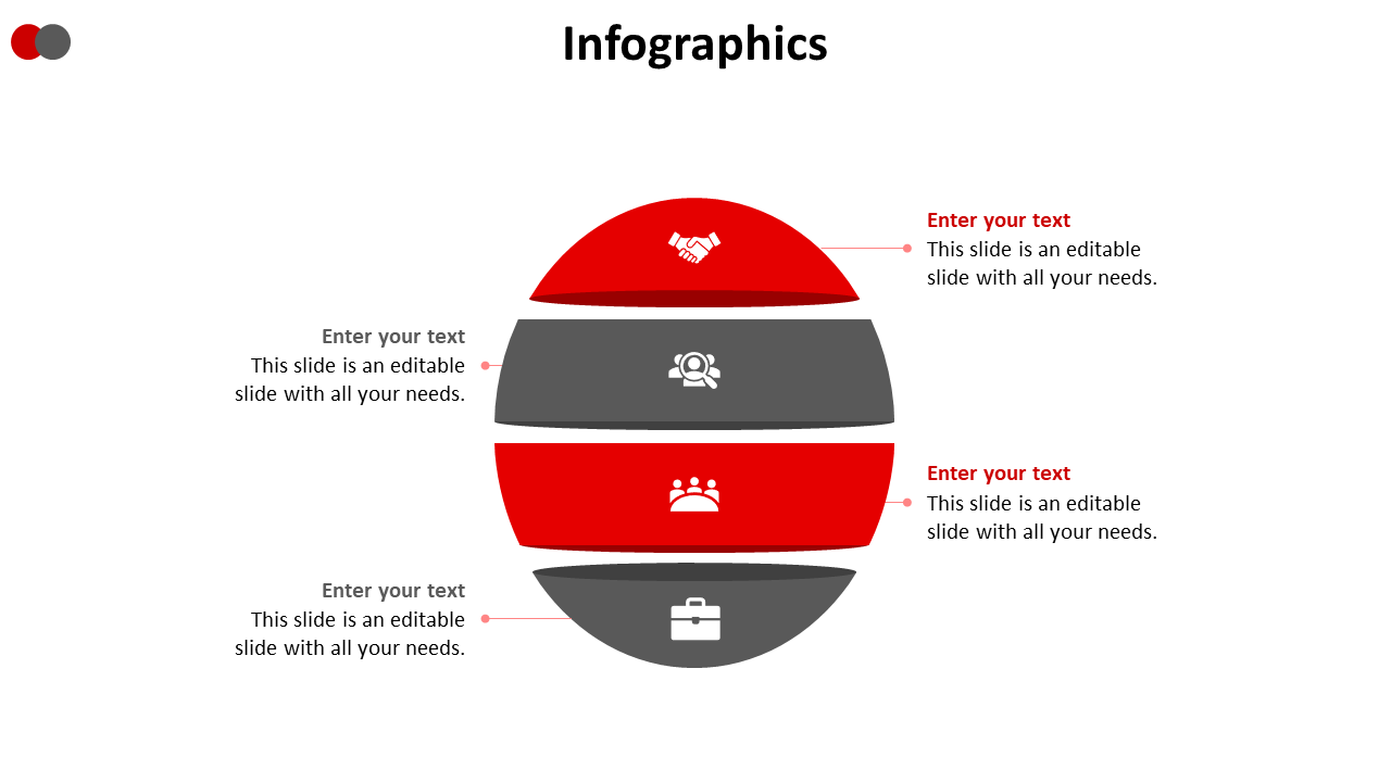 Infographic slide with four sections in a red and gray oval shape featuring icons with placeholders for text.