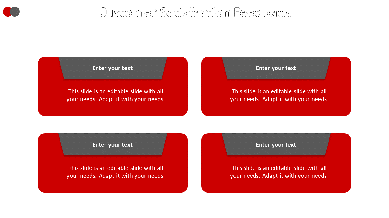 Customer satisfaction feedback slide with four text boxes, each featuring a red and gray design on a white backdrop.