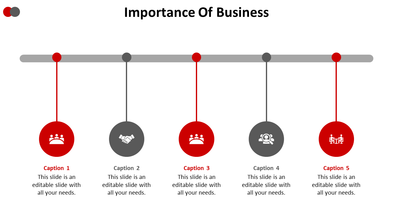 Business importance slide featuring five red and gray circles with icons representing different aspects with captions.
