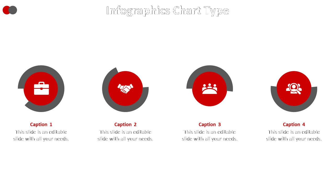Infographics chart type slide with four red and gray circular icons, each with captions on a white backdrop.