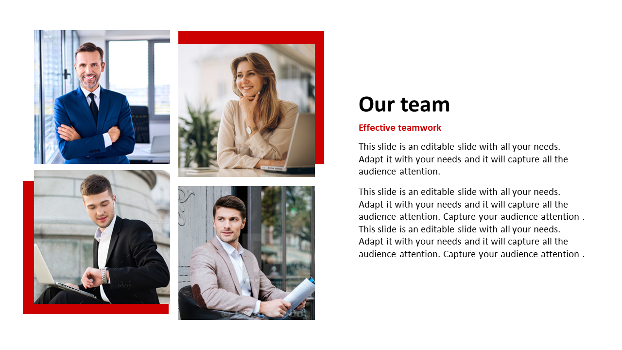 Four photos of a diverse team of professionals working together with captions describing teamwork.