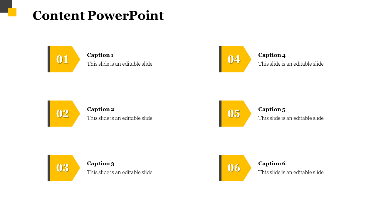 Content PowerPoint slide featuring numbered sections with yellow arrow shapes and captions.