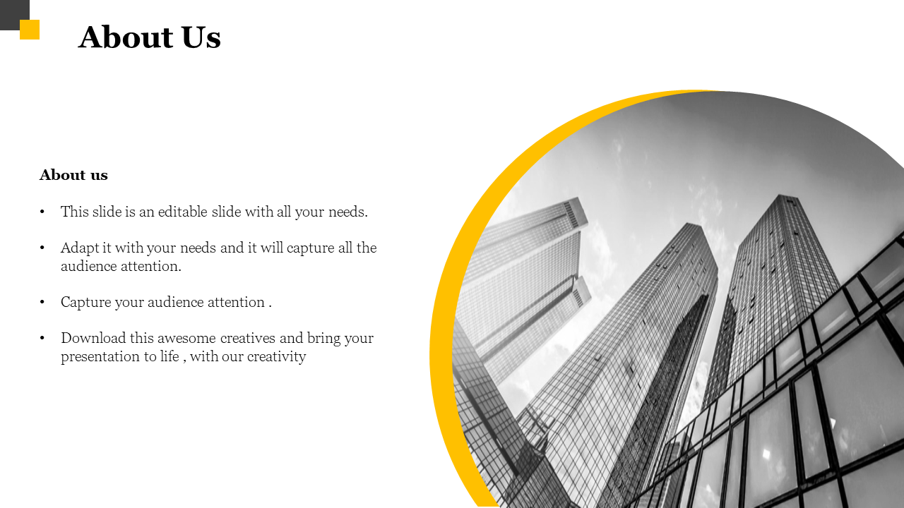 About Us PowerPoint slide with a black and white city skyline and a yellow circle accent.