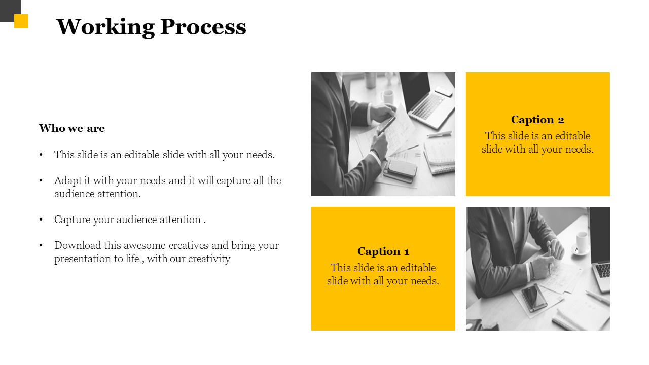 A slide showing a working process with captions and images of people working at desks on a white backdrop.