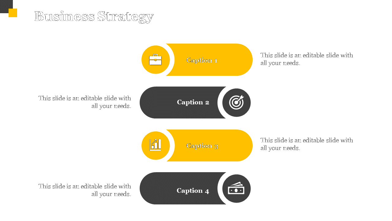 Business strategy PPT slide with four yellow and black sections, each containing a relevant icon and space for captions.