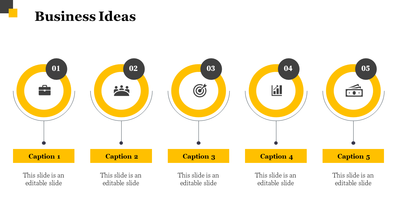 Business ideas PowerPoint slide featuring five numbered sections with yellow icons and space for captions on a white theme.