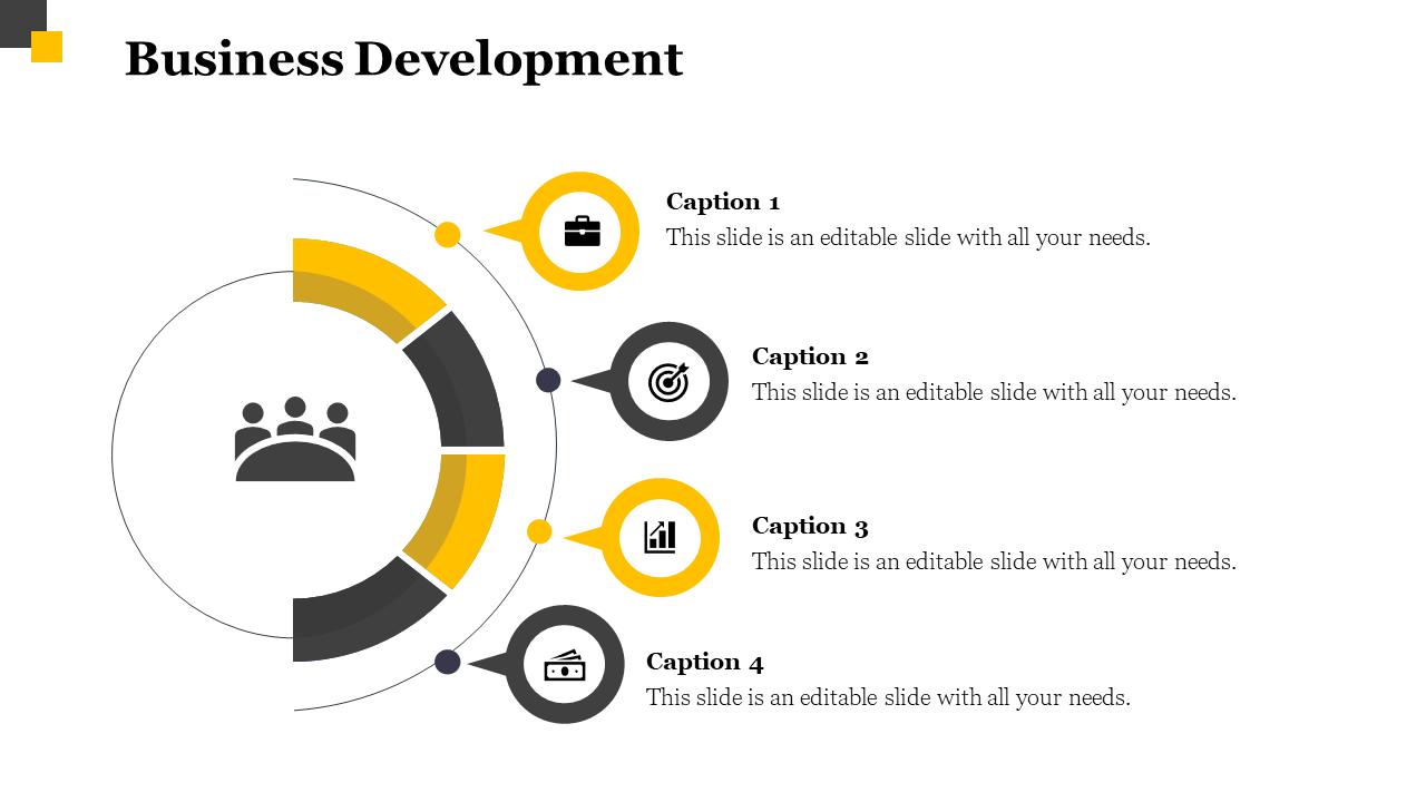 Business Development PowerPoint slide featuring four sections with yellow and gray icons in a circular layout and captions.